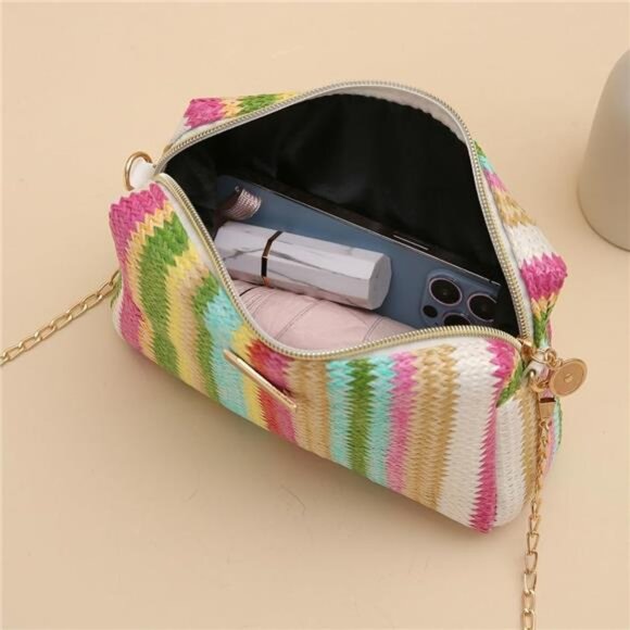 Women’s Straw Tote Bag Rainbow Striped Casual Beach Shoulder Bag Summer - Picture 2 of 6